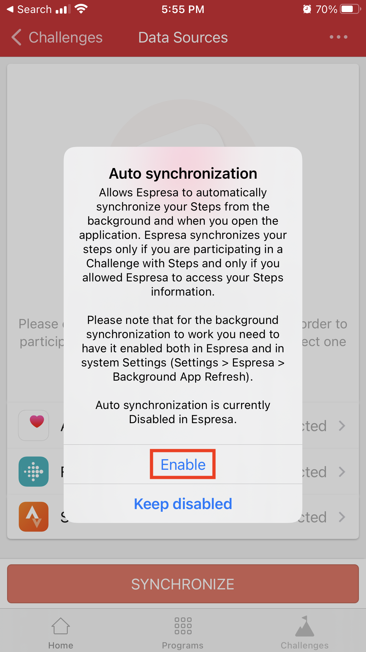 Screenshot showing auto synchronization enabled
