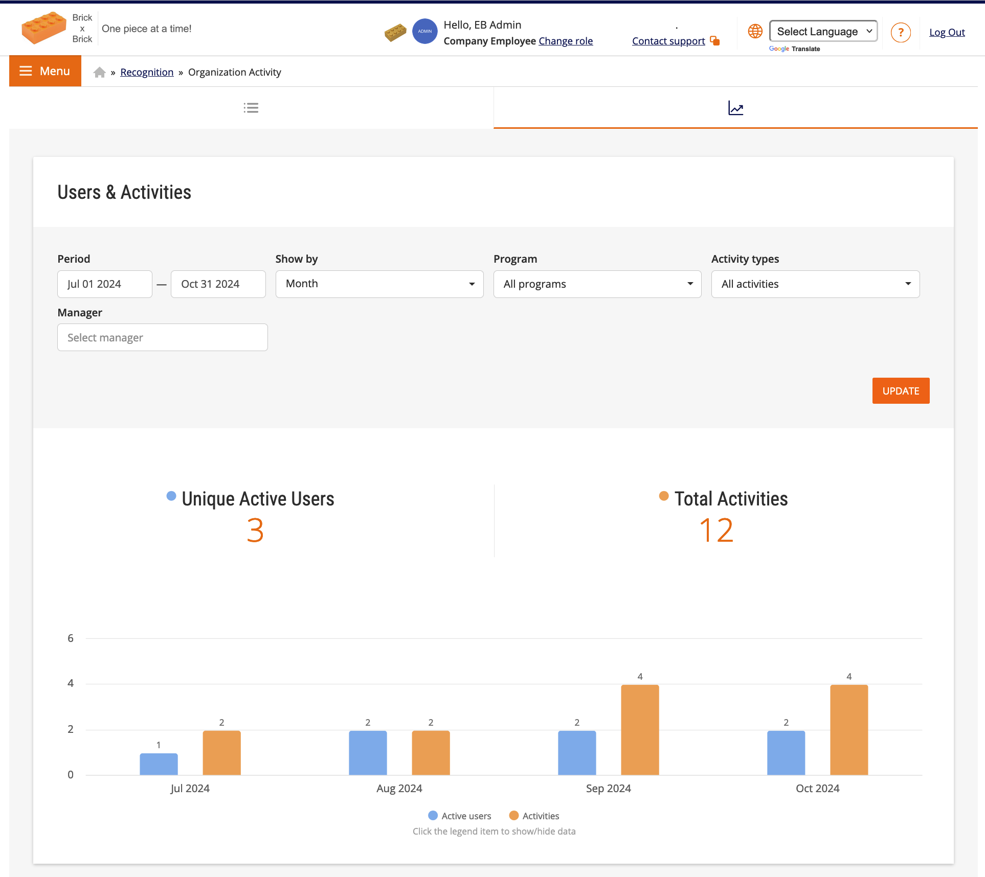 Recognition - organization activity screenshot