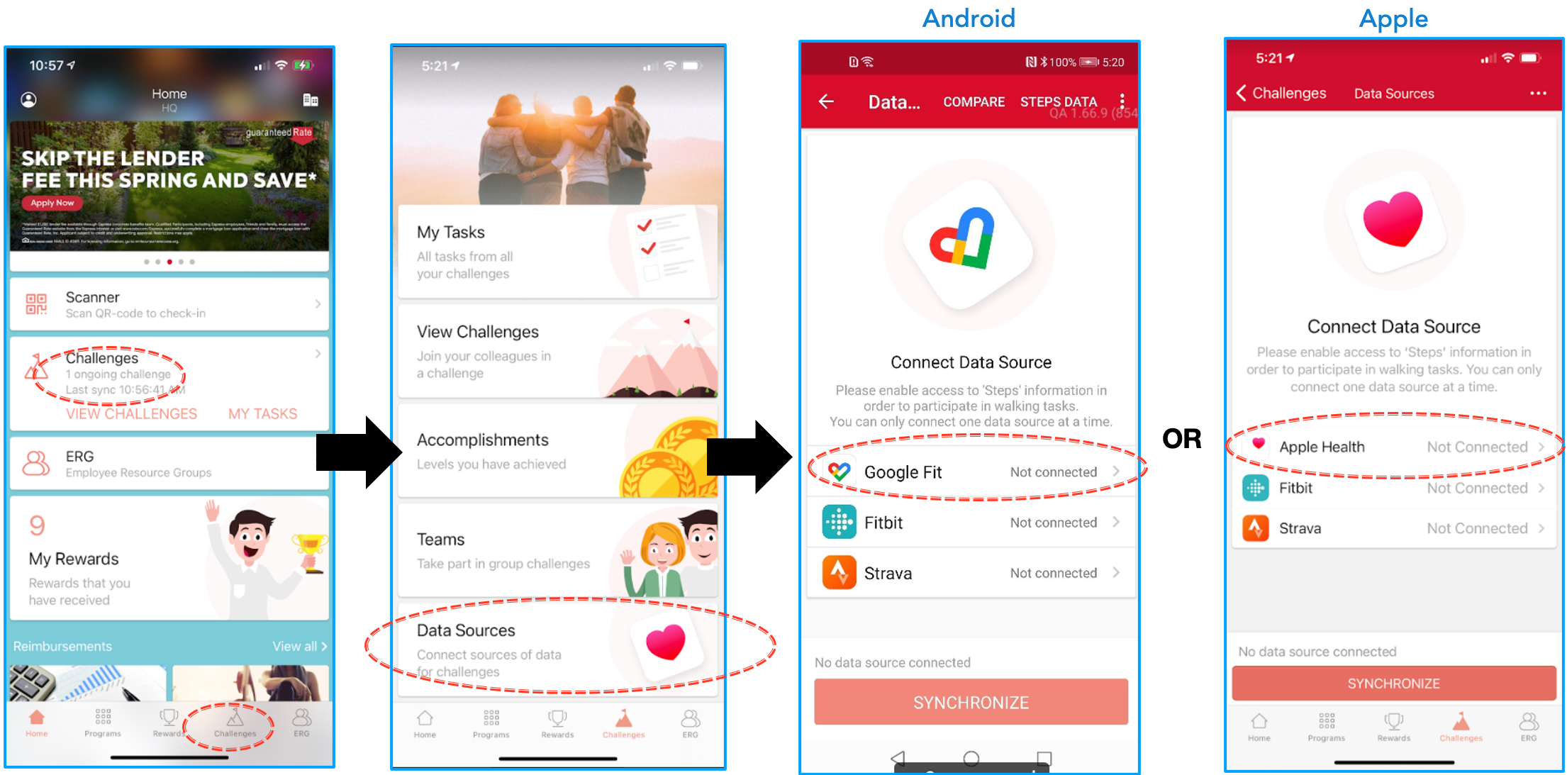 Screenshot showing Apple Health and Google Fit data source selection screens