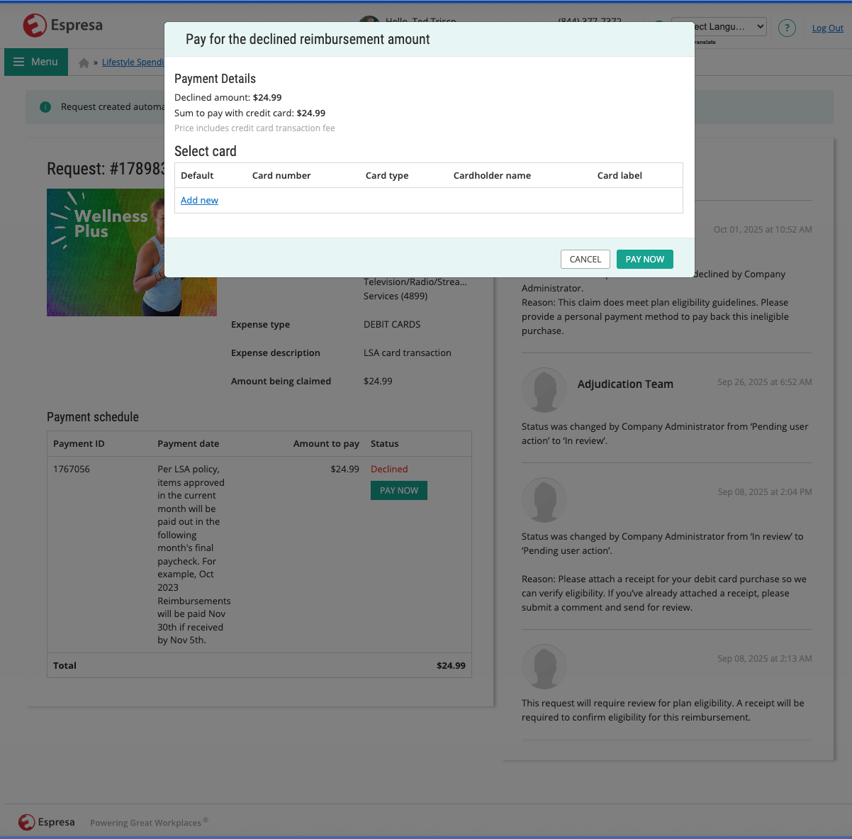 LSA pay now modal