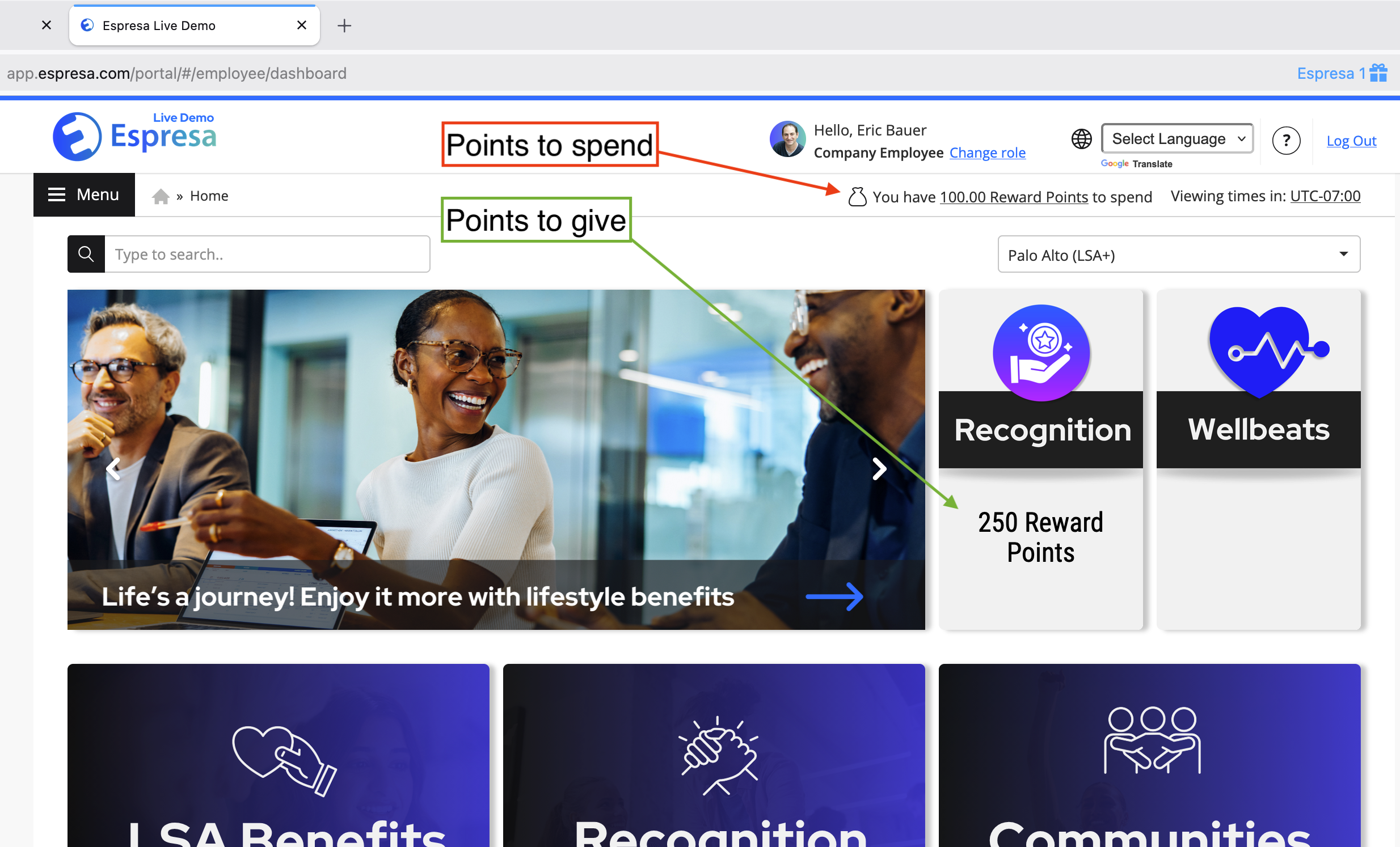 Reward points displays on homepage