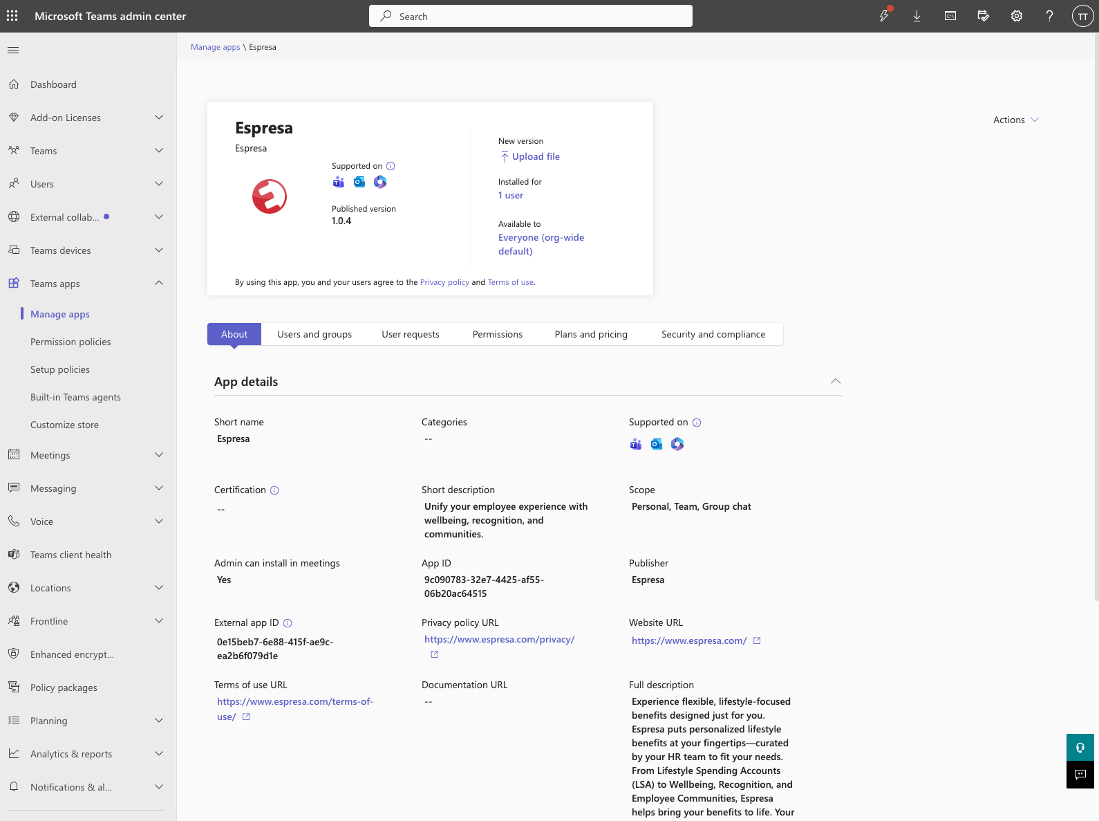 Screenshot: Espresa under Built by your org