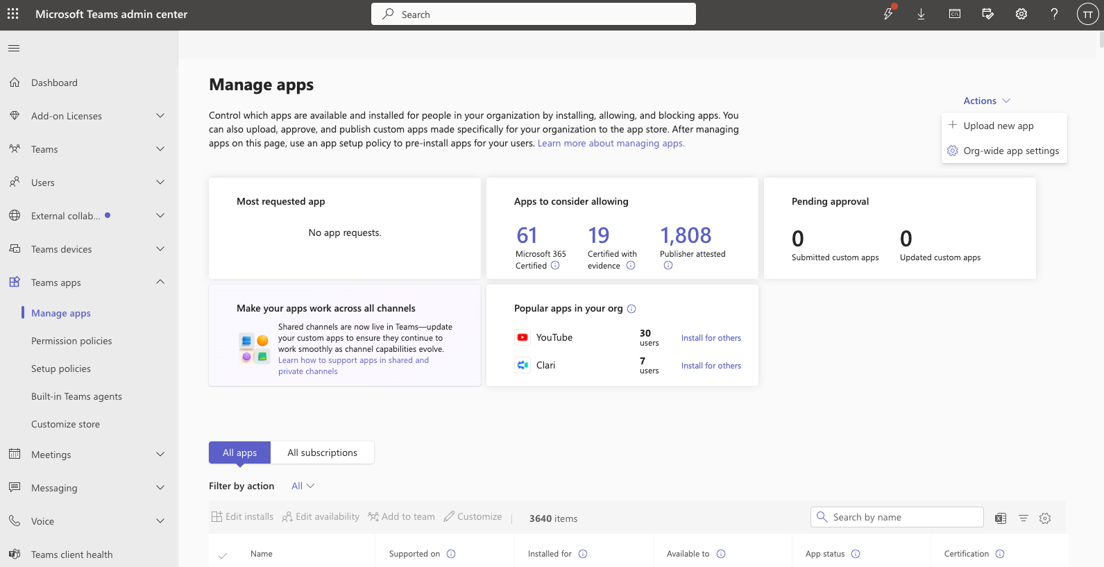 Screenshot: Manage apps > Actions > Upload new app