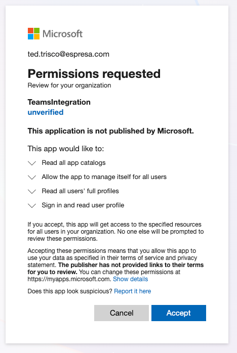 Screenshot: Microsoft permissions prompt