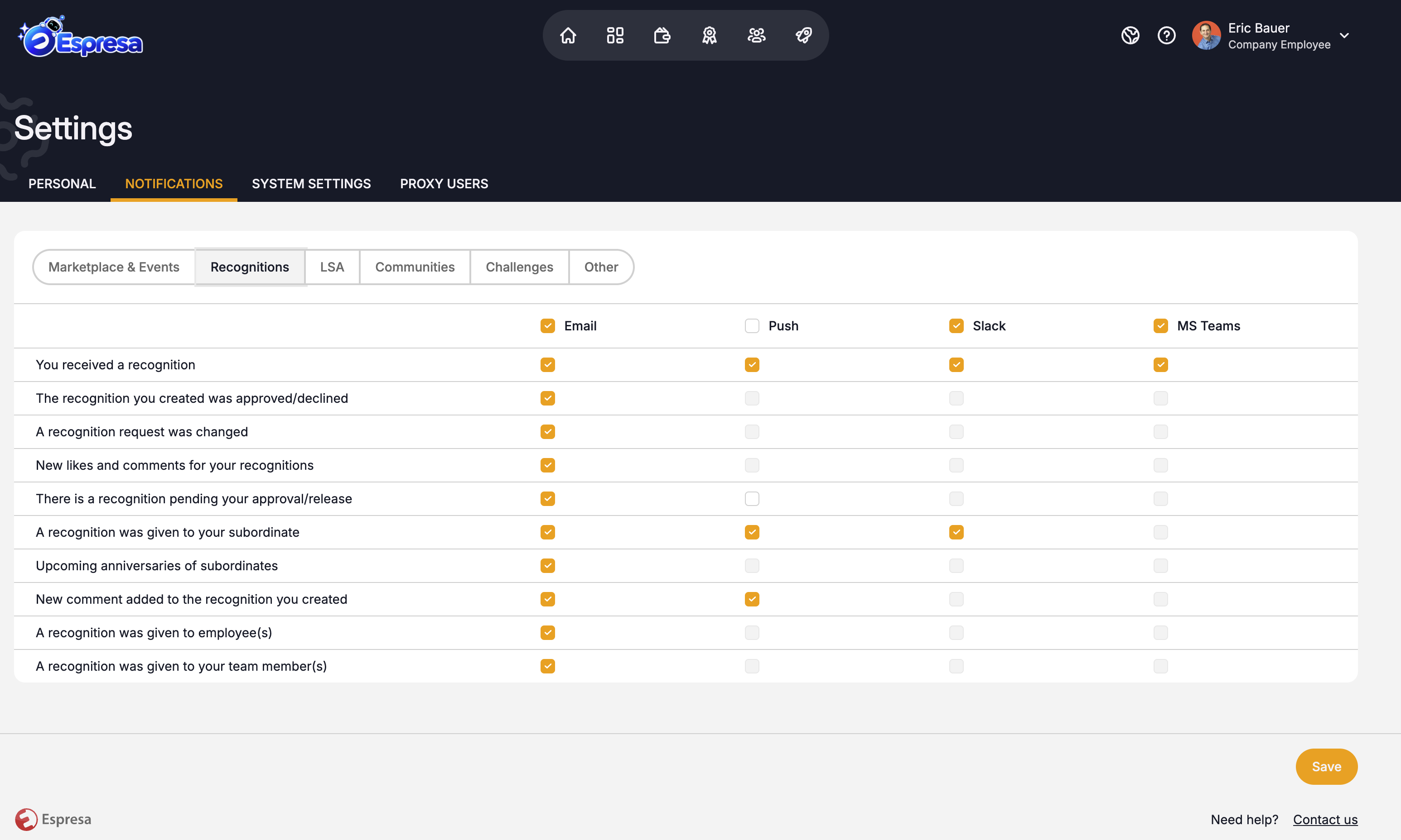 Employee notifications settings page (screenshot)