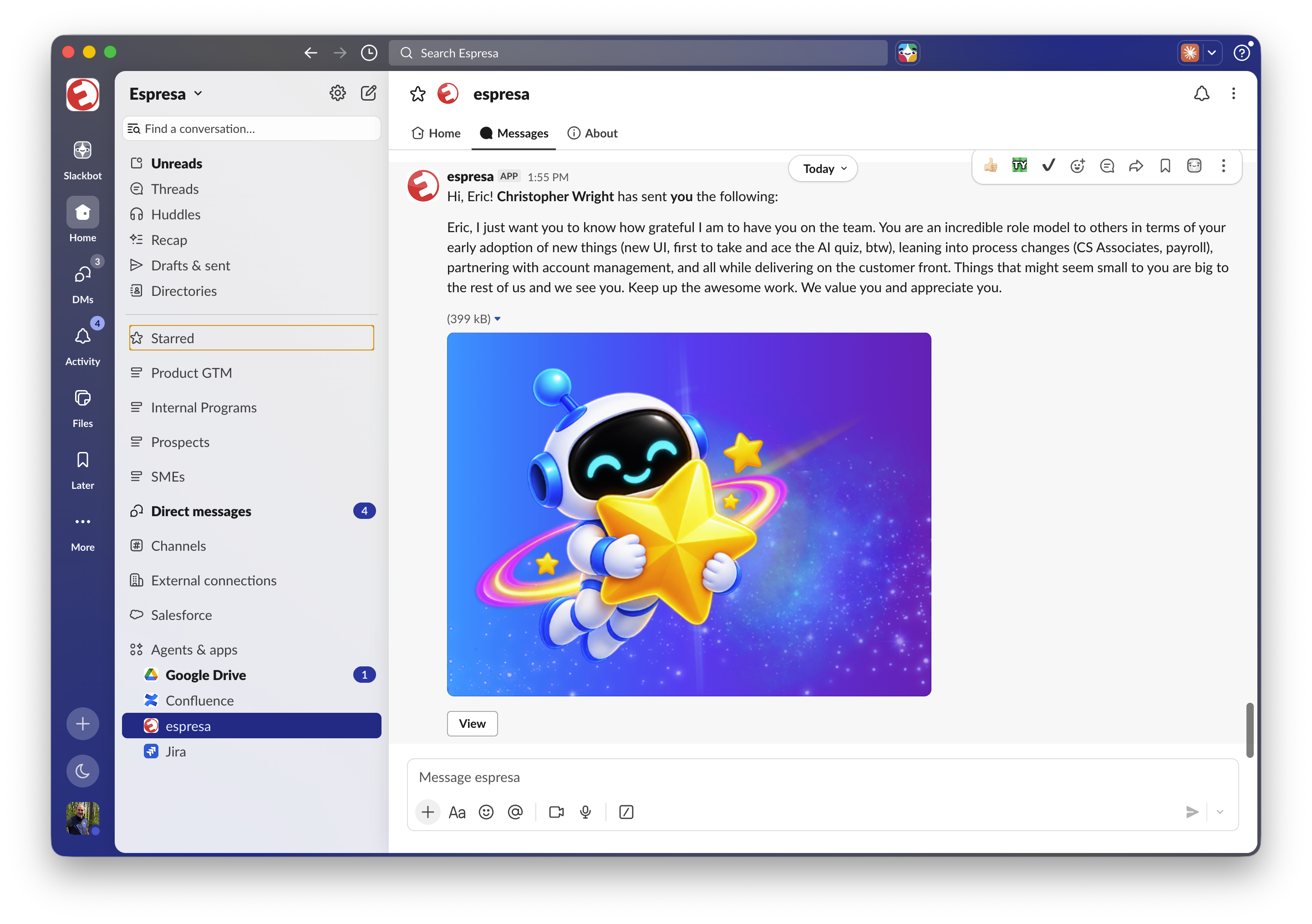 Slack: Employee recognition award notification (screenshot)