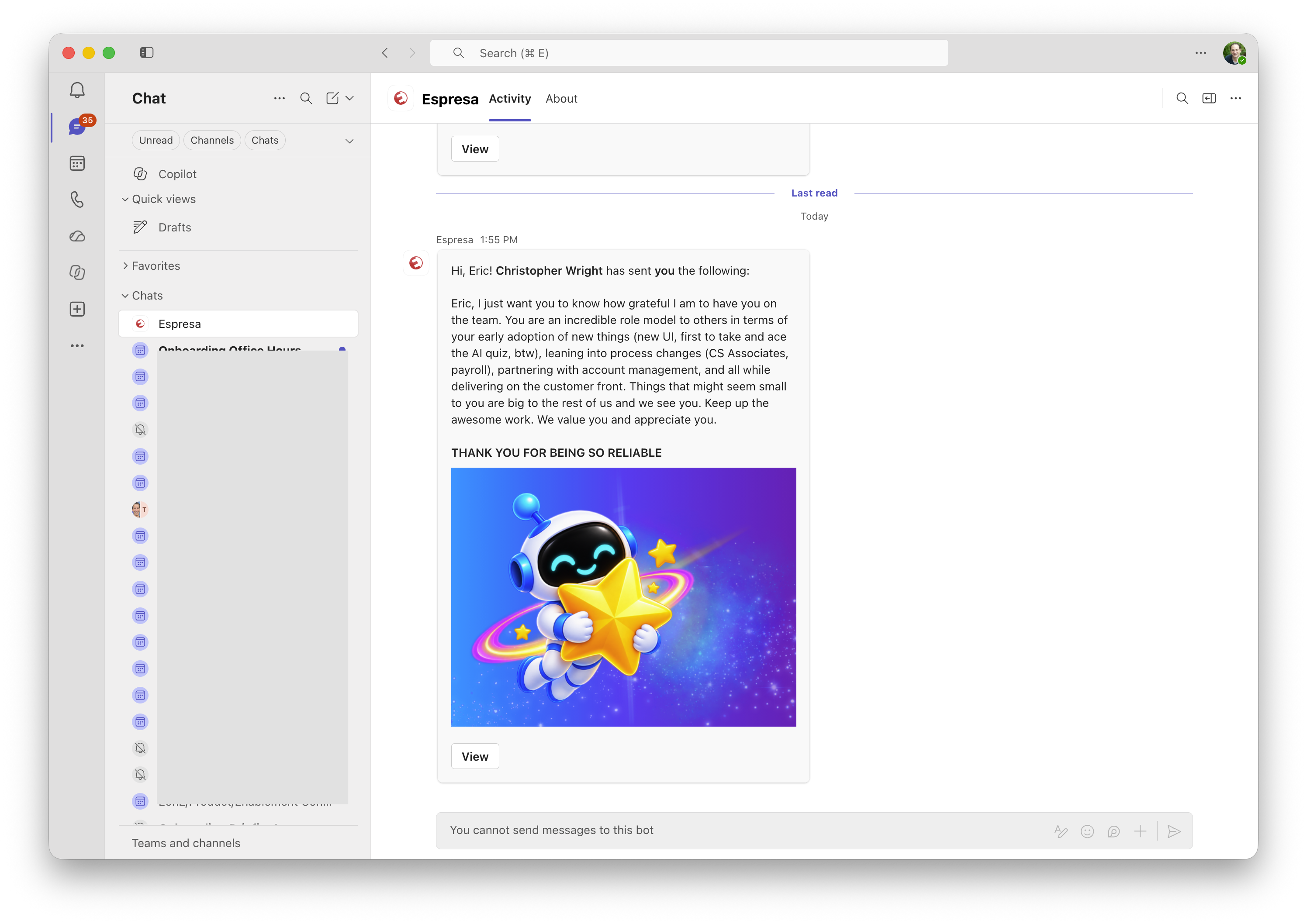 Teams: Employee recognition award notification (screenshot)