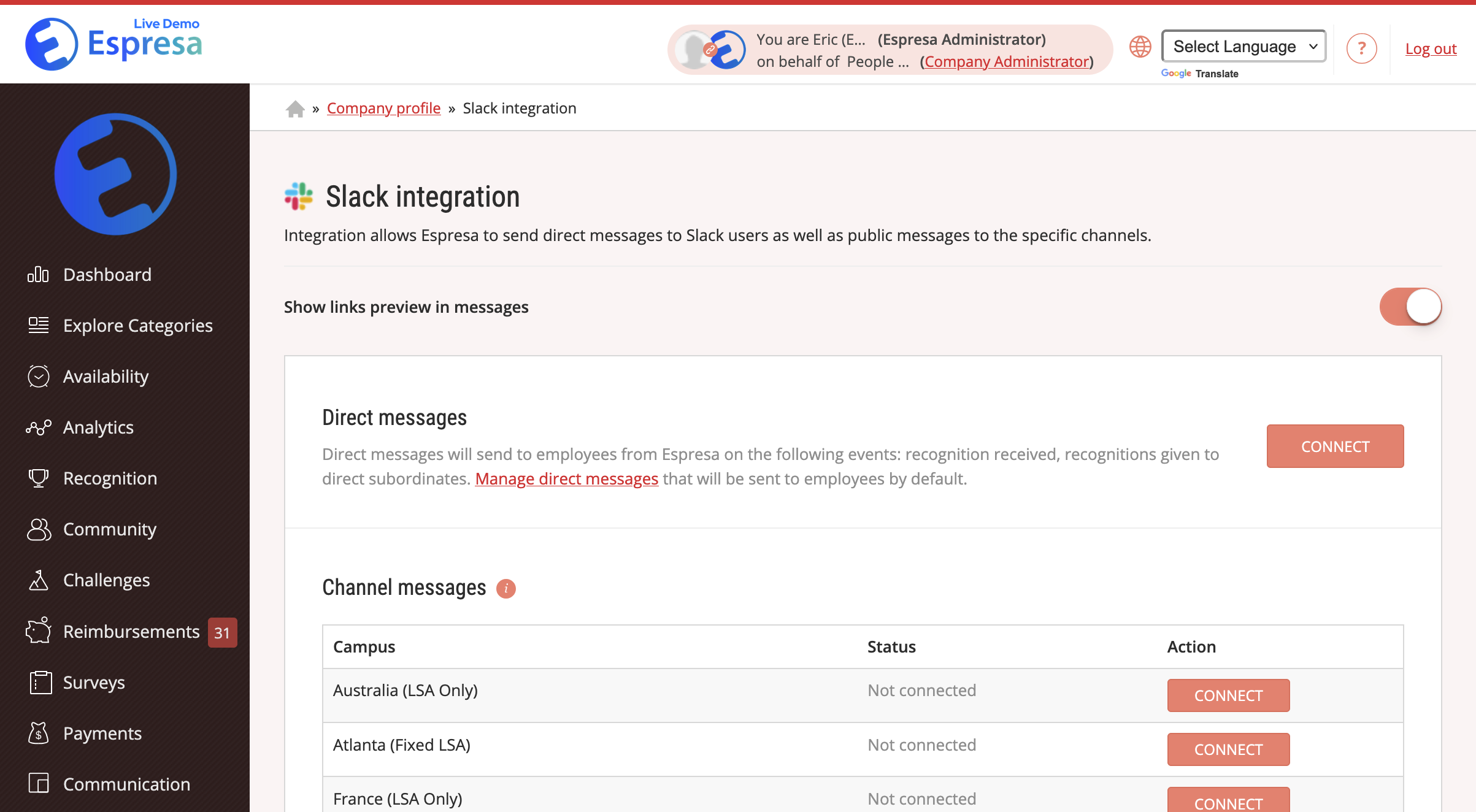 Company profile Slack integration (screenshot)